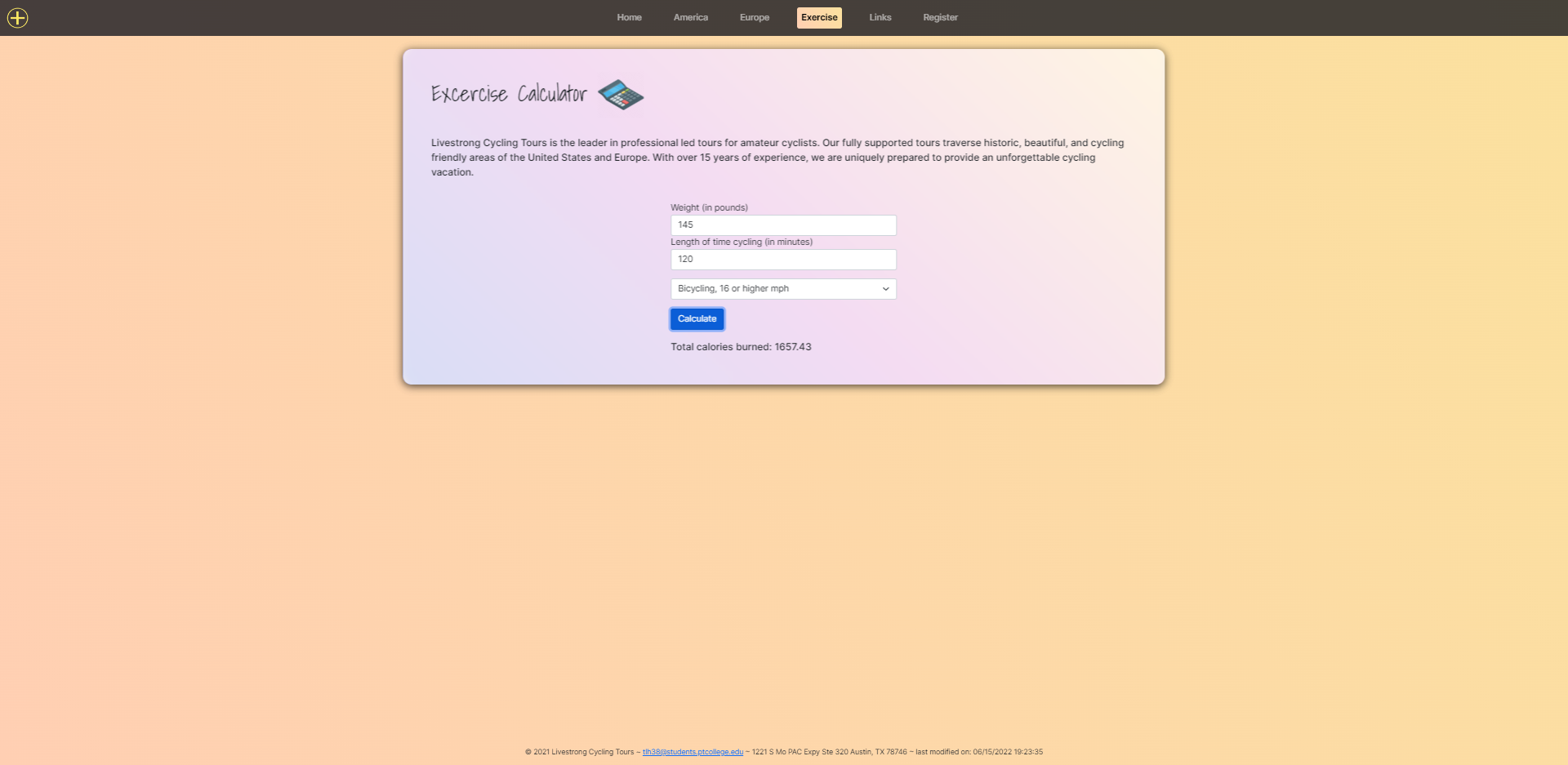 Livestrong Cycling Exercise Calculator